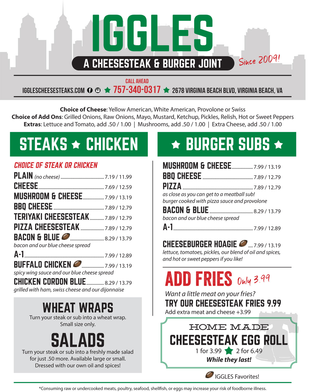 Full Menu Iggles Cheesesteaks and Burgers